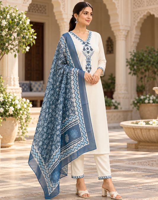 White Blue Floral Embroidered Kurta Pant Dupatta Set For Women