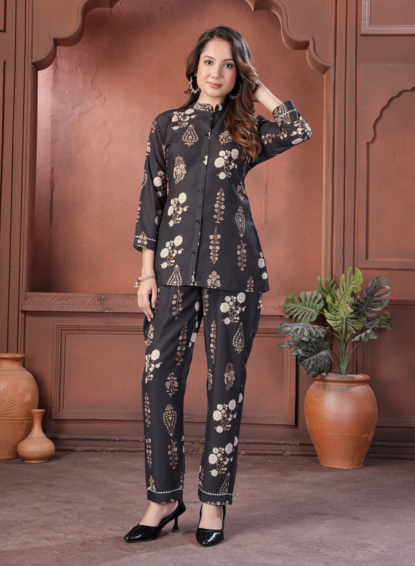 Black Floral Printed Cotton Co-Ord Set