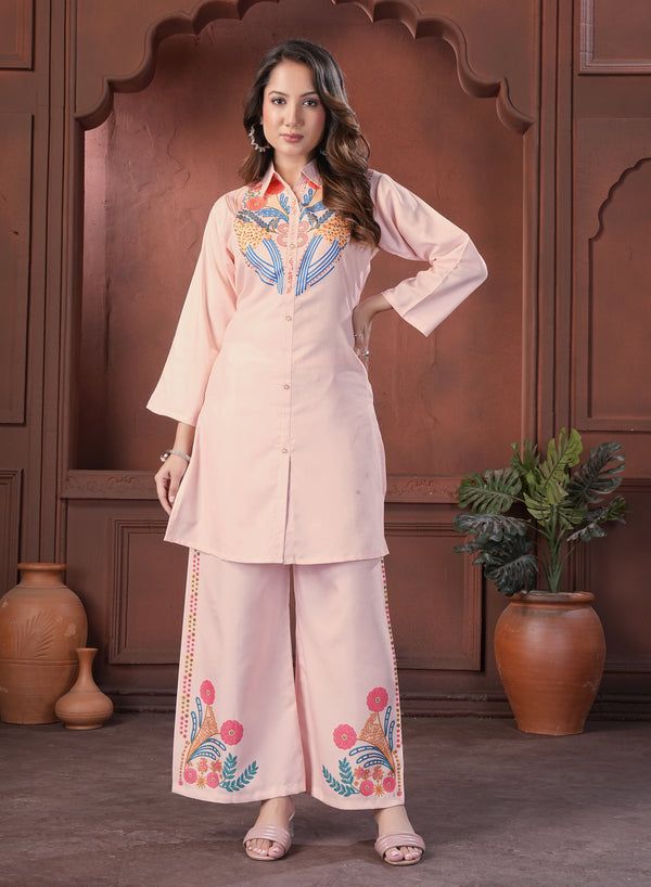Peach Embroidered Shirt Style Cotton Co-Ord Set