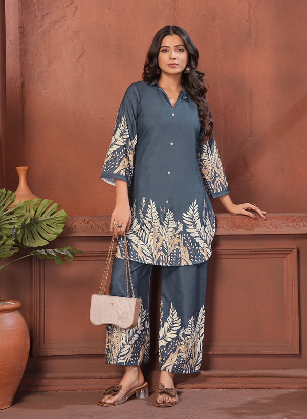 Slate Blue Botanical Printed Cotton Kurta Pant Set