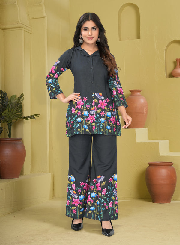 Black Floral Printed Co-Ord Set for Women