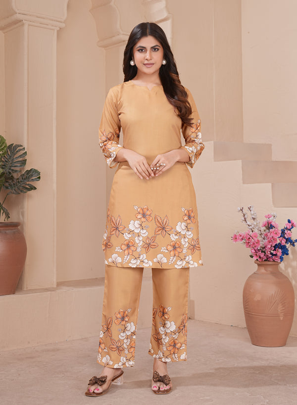 Mustard Floral Printed Cotton Kurta Pant Set