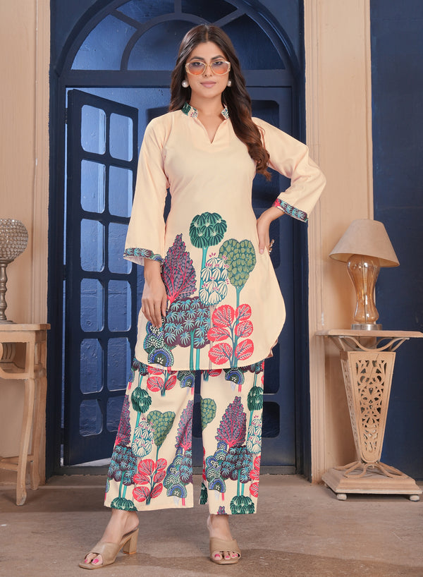 Peach Botanical Printed Cotton Kurta Palazzo Set