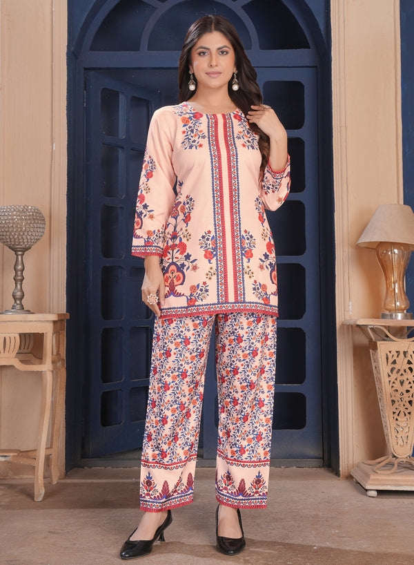 Peach Floral Printed Cotton Kurta Pant Set