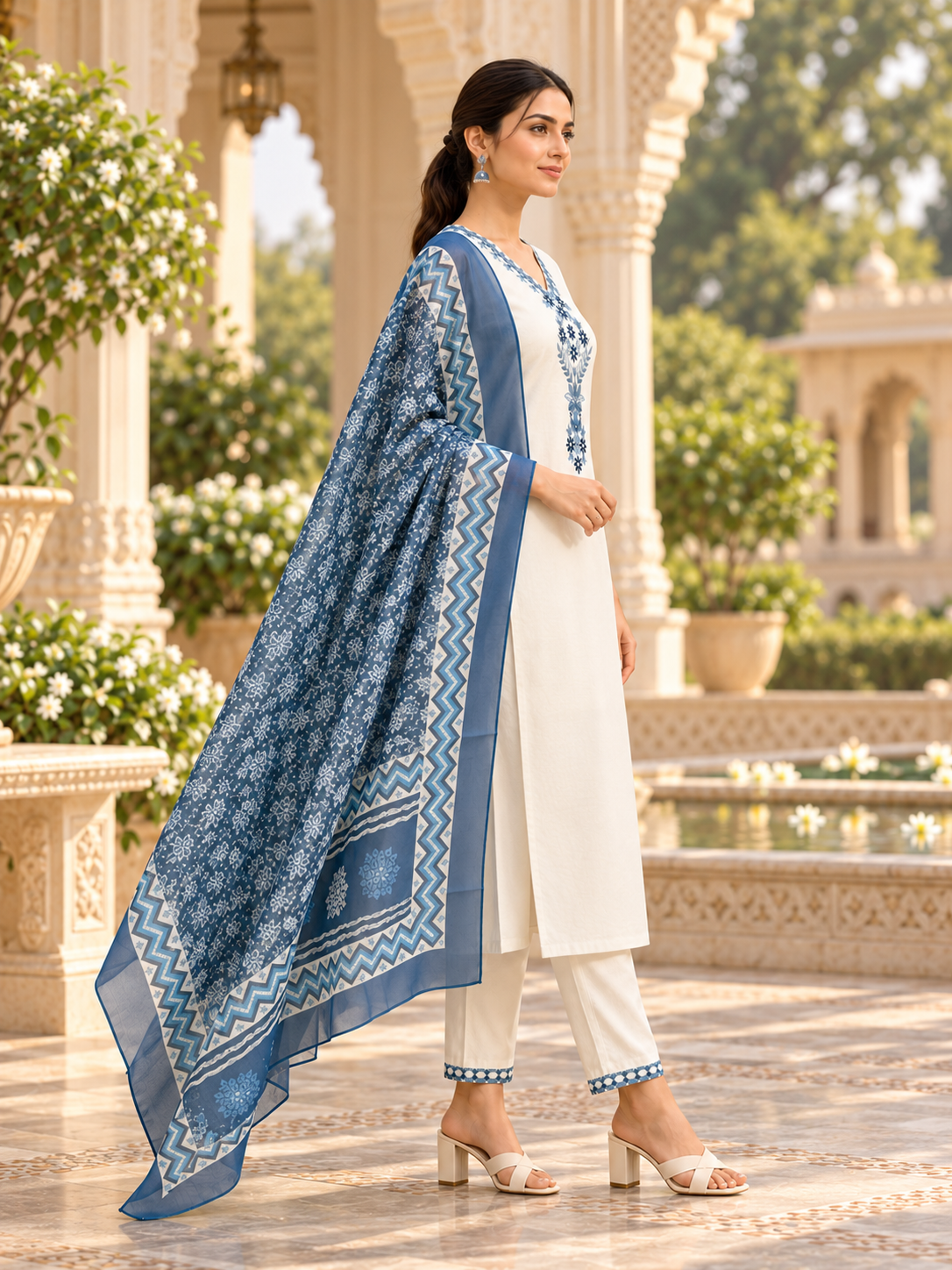 White Blue Floral Embroidered Kurta Pant Dupatta Set For Women