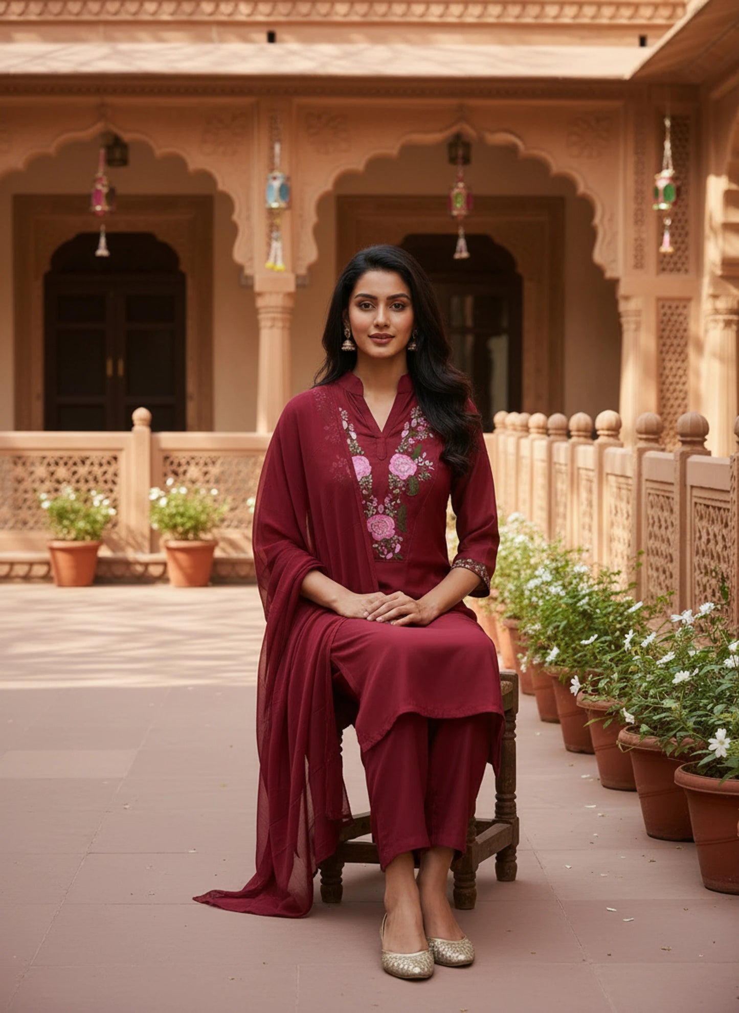 Maroon Floral Embroidered Kurta Pant Set with Dupatta for Women