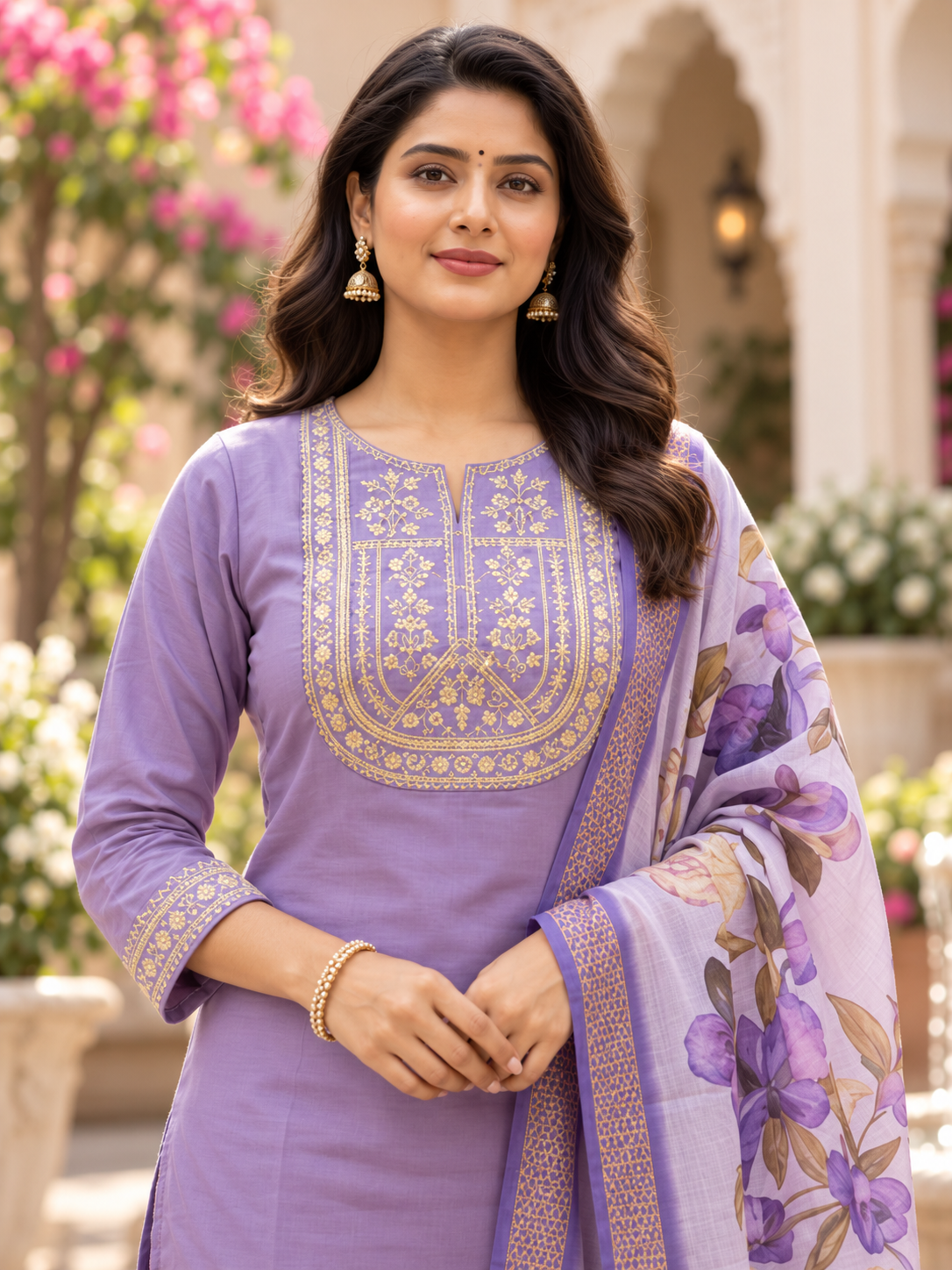 Lavender Embroidered Kurta Pant Dupatta Set For Women