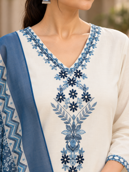 White Blue Floral Embroidered Kurta Pant Dupatta Set For Women
