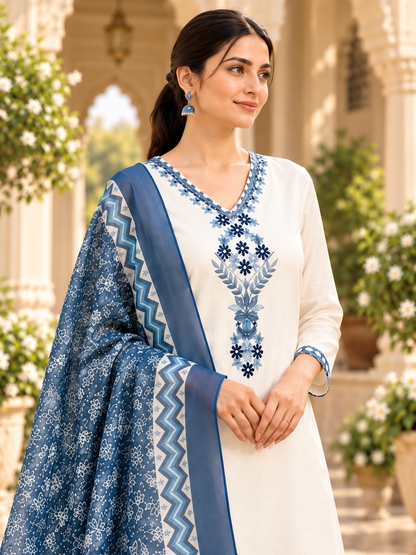 White Blue Floral Embroidered Kurta Pant Dupatta Set For Women
