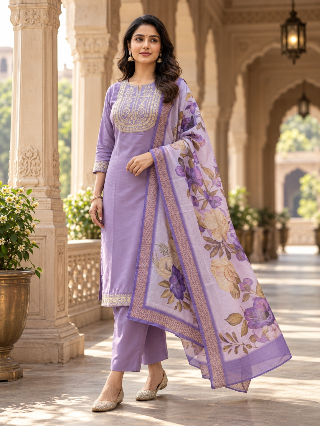 Lavender Embroidered Kurta Pant Dupatta Set For Women
