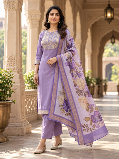 Lavender Embroidered Kurta Pant Dupatta Set For Women