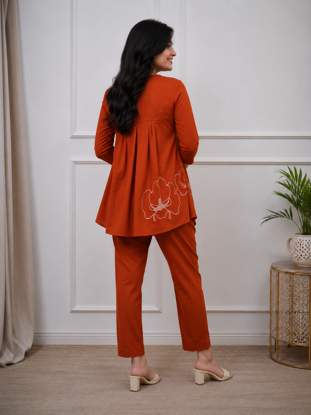 Rust Orange Embroidered Cotton Kurta Pant Set