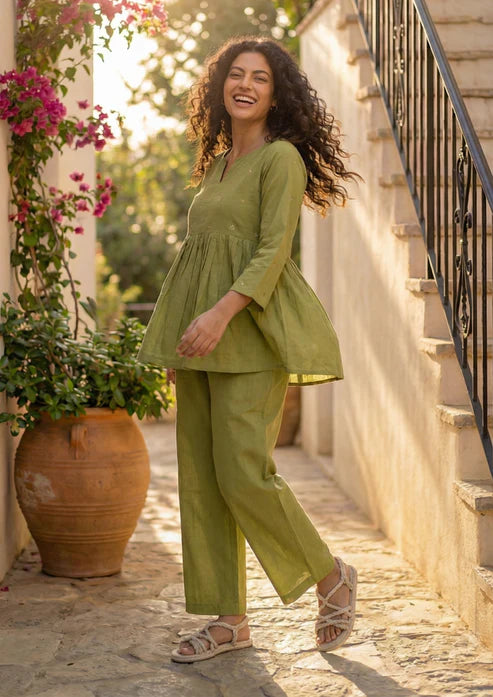 Olive Green Cotton Kurta Pant Set