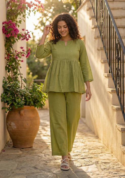 Olive Green Cotton Kurta Pant Set