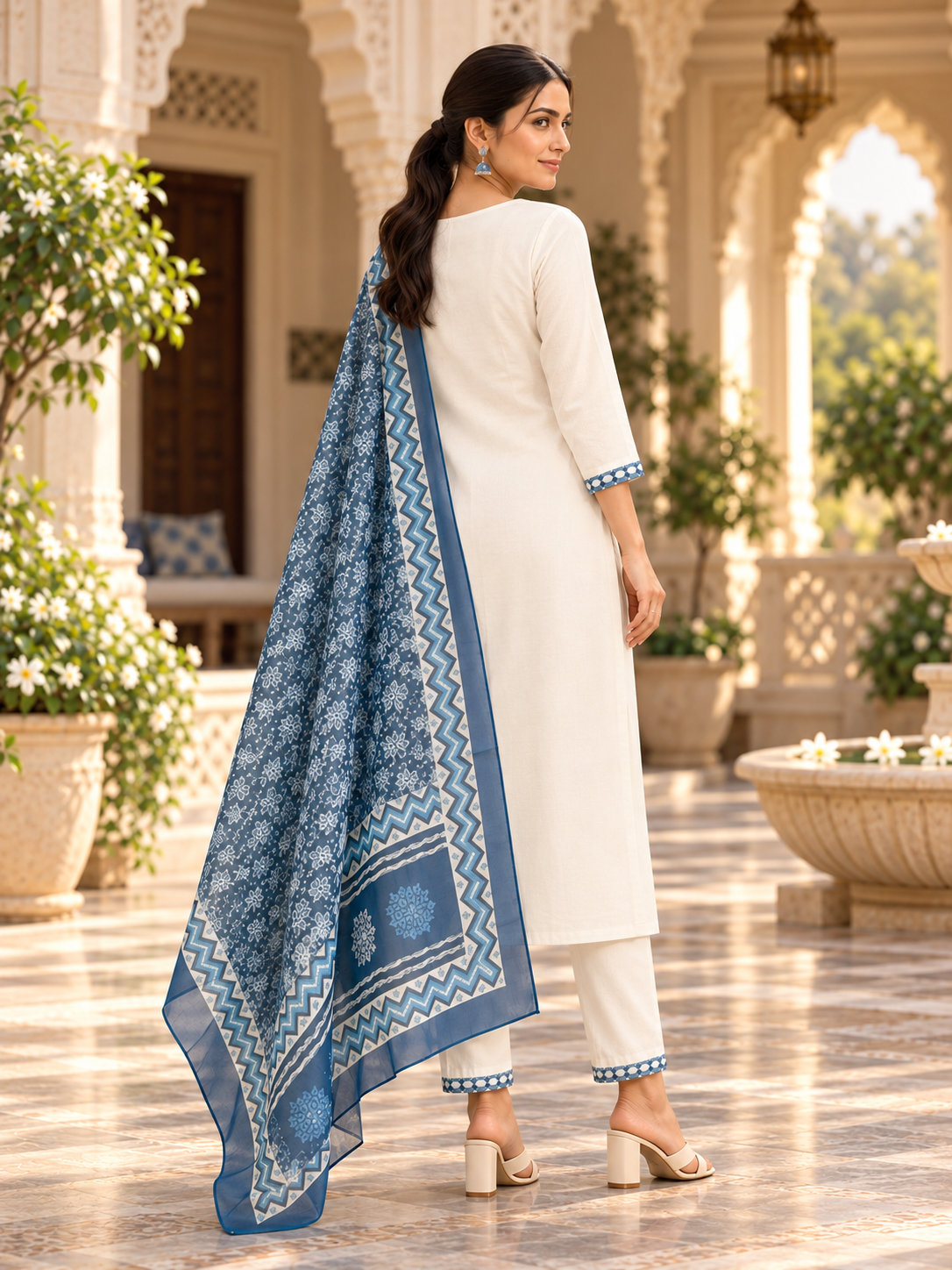 White Blue Floral Embroidered Kurta Pant Dupatta Set For Women