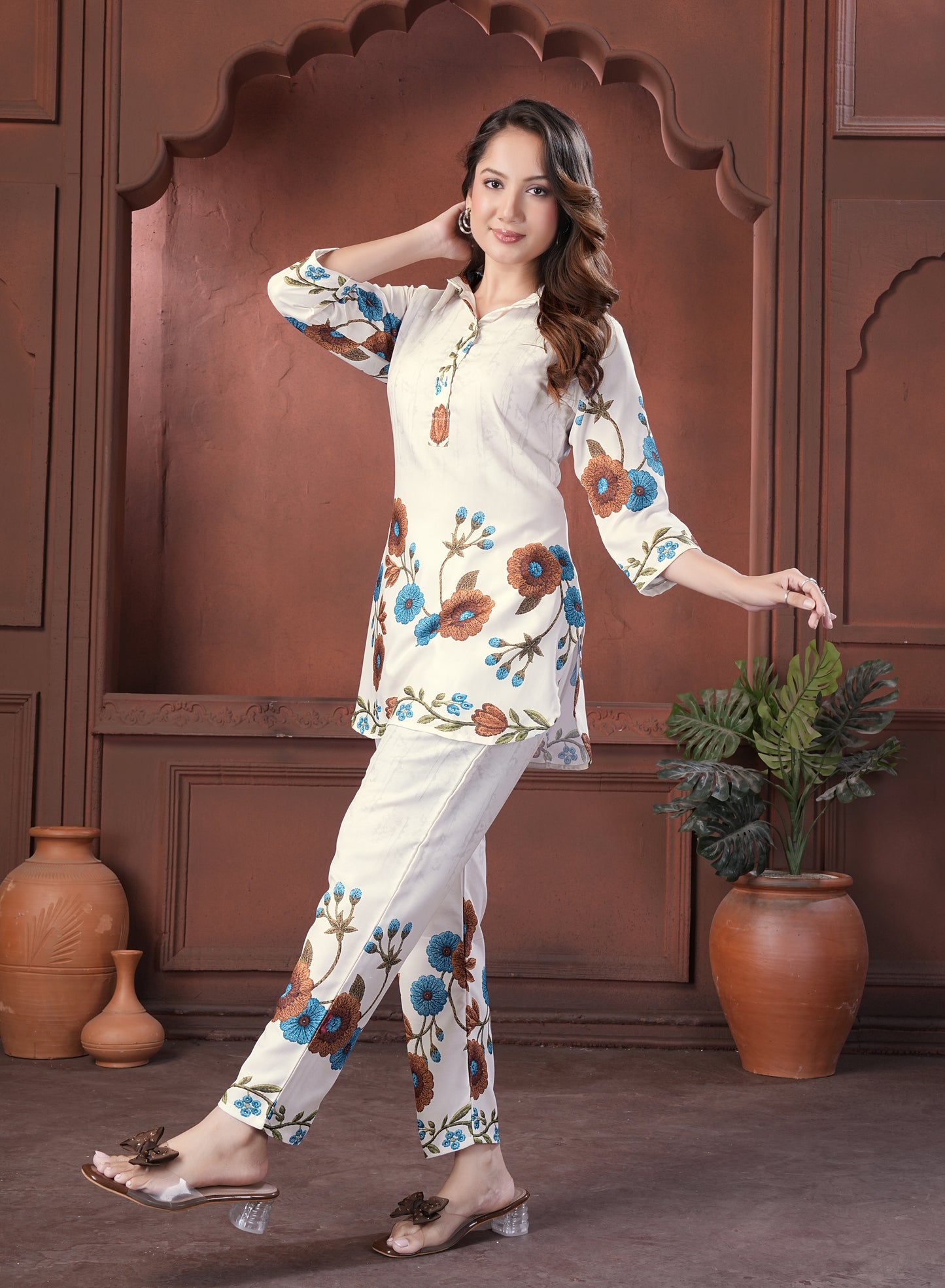Ivory Floral Printed Cotton Kurta Pant Set