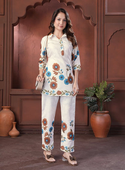 Ivory Floral Printed Cotton Kurta Pant Set