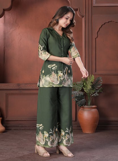 Olive Green Printed Cotton Co-Ord Set
