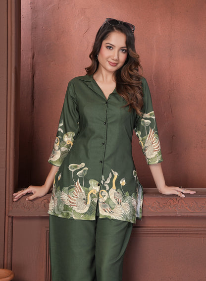 Olive Green Printed Cotton Co-Ord Set