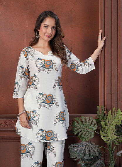 Ivory Elephant Printed Cotton Co-Ord Set
