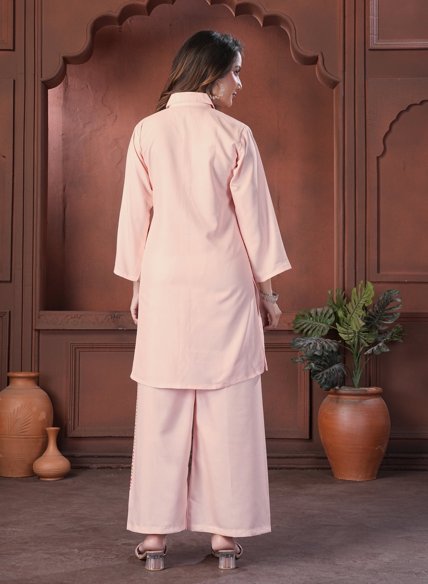 Peach Embroidered Shirt Style Cotton Co-Ord Set