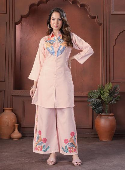 Peach Embroidered Shirt Style Cotton Co-Ord Set
