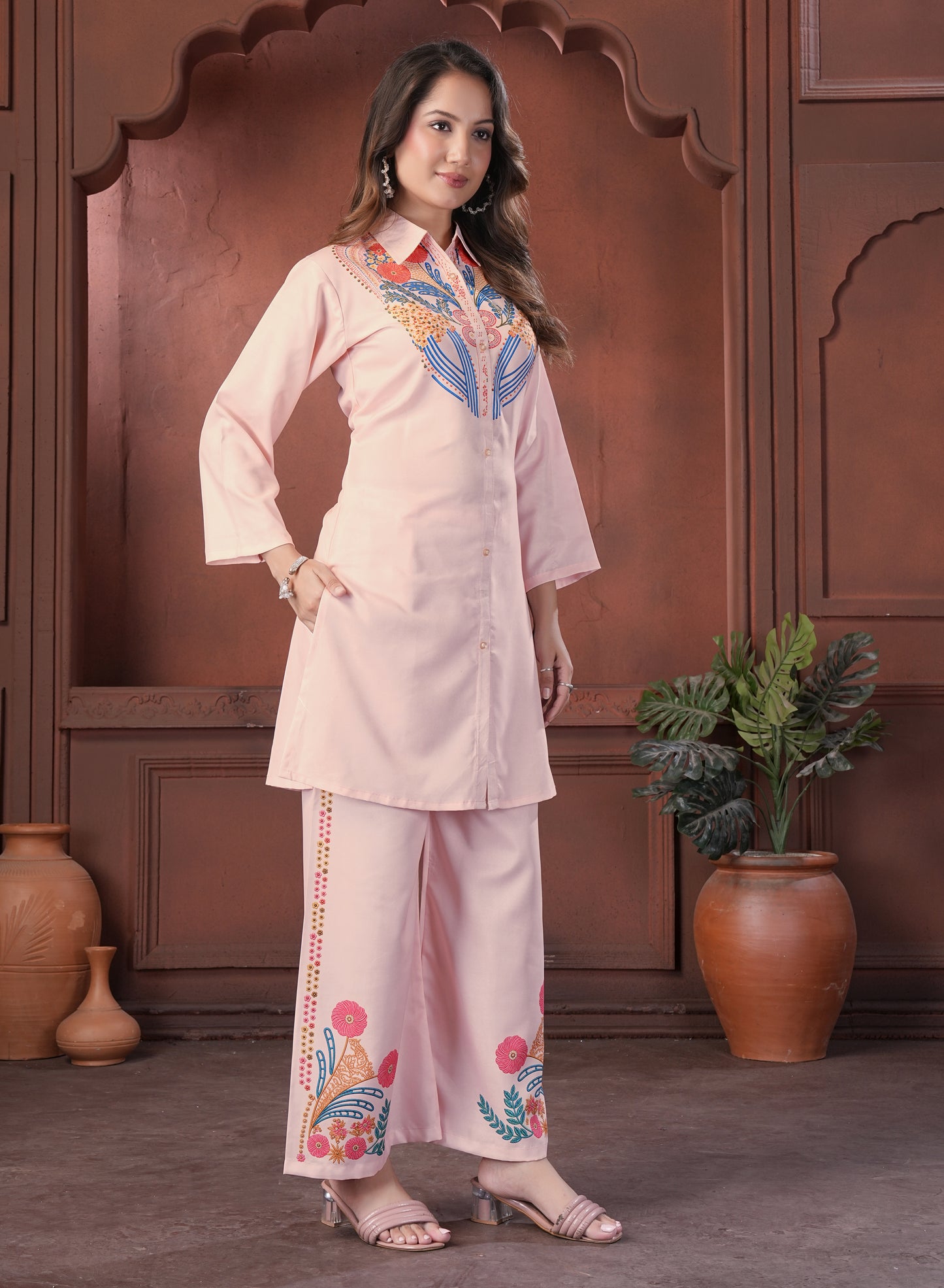 Peach Embroidered Shirt Style Cotton Co-Ord Set
