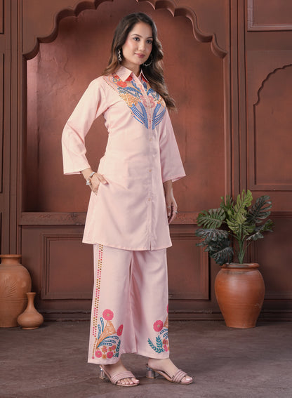 Peach Embroidered Shirt Style Cotton Co-Ord Set