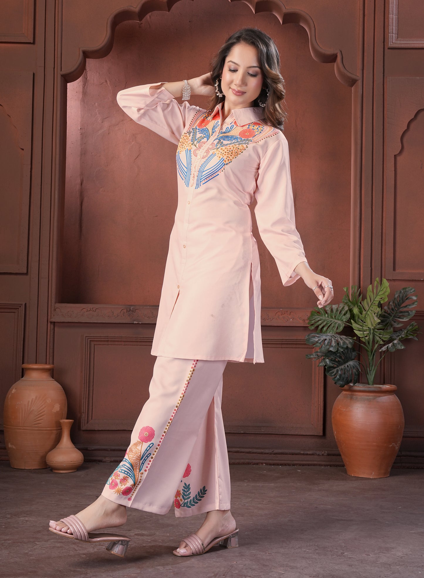 Peach Embroidered Shirt Style Cotton Co-Ord Set