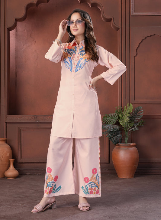 Peach floral printed Shirt Style Cotton Co-Ord Set