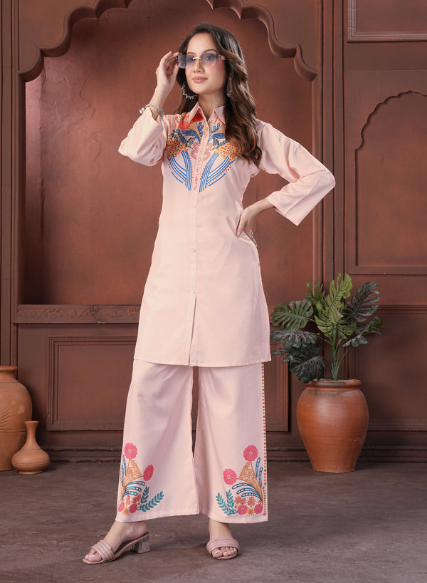 Peach Embroidered Shirt Style Cotton Co-Ord Set