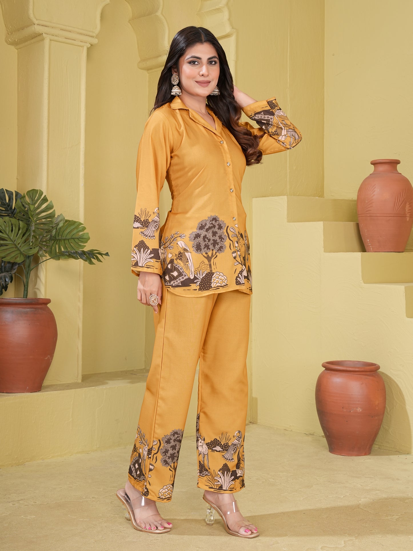 Mustard Floral Casual Shirt & Palazzo Co-ord Set
