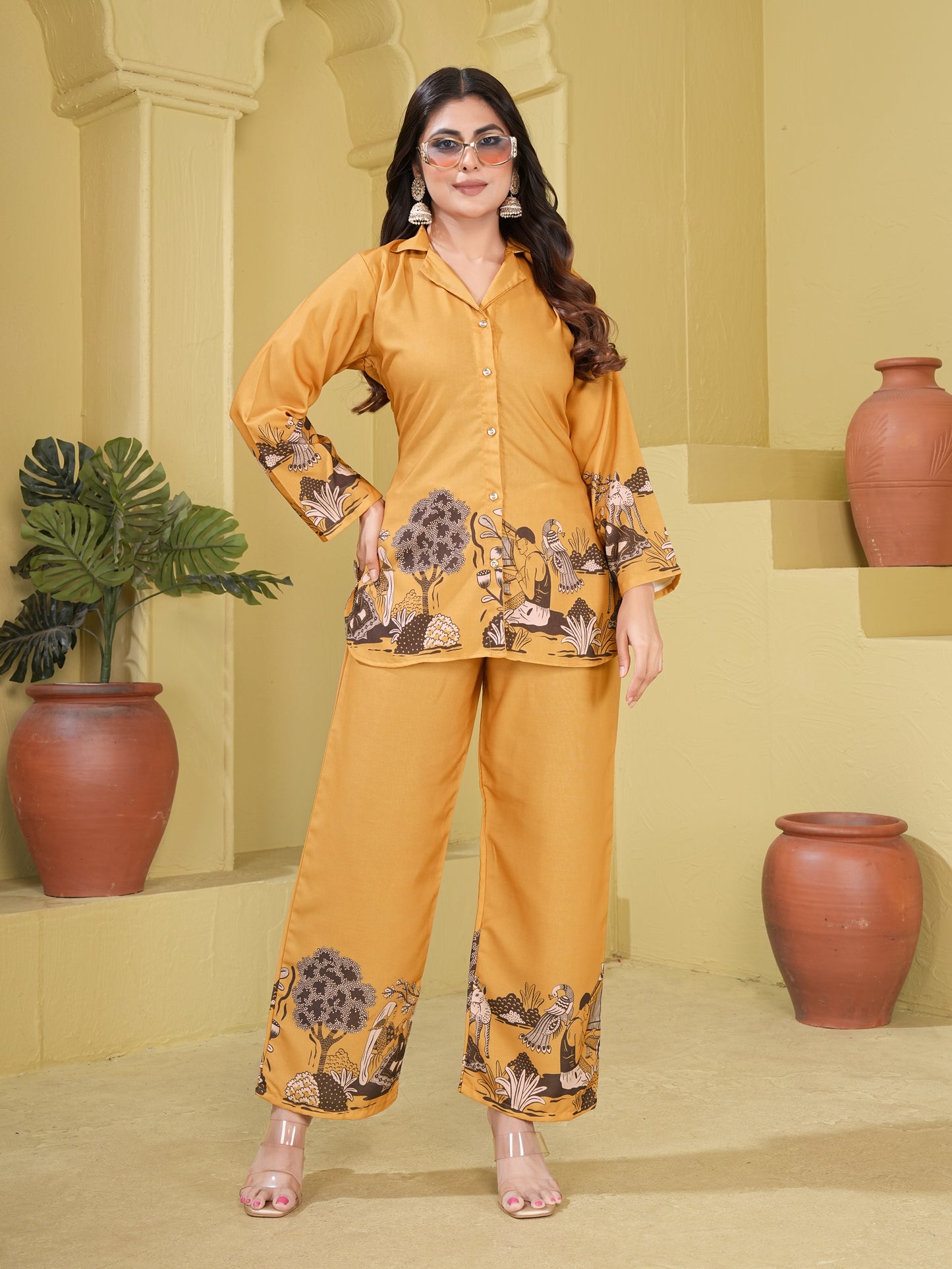 Mustard Floral Casual Shirt & Palazzo Co-ord Set