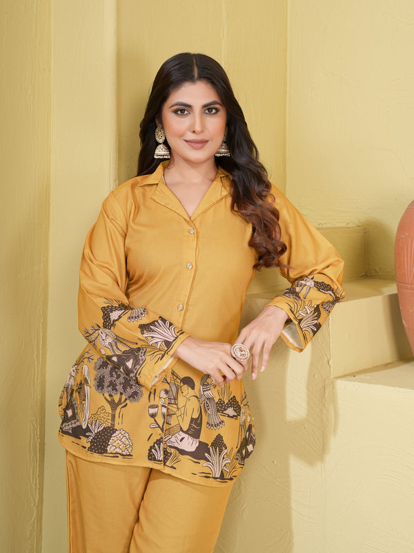 Mustard Floral Casual Shirt & Palazzo Co-ord Set