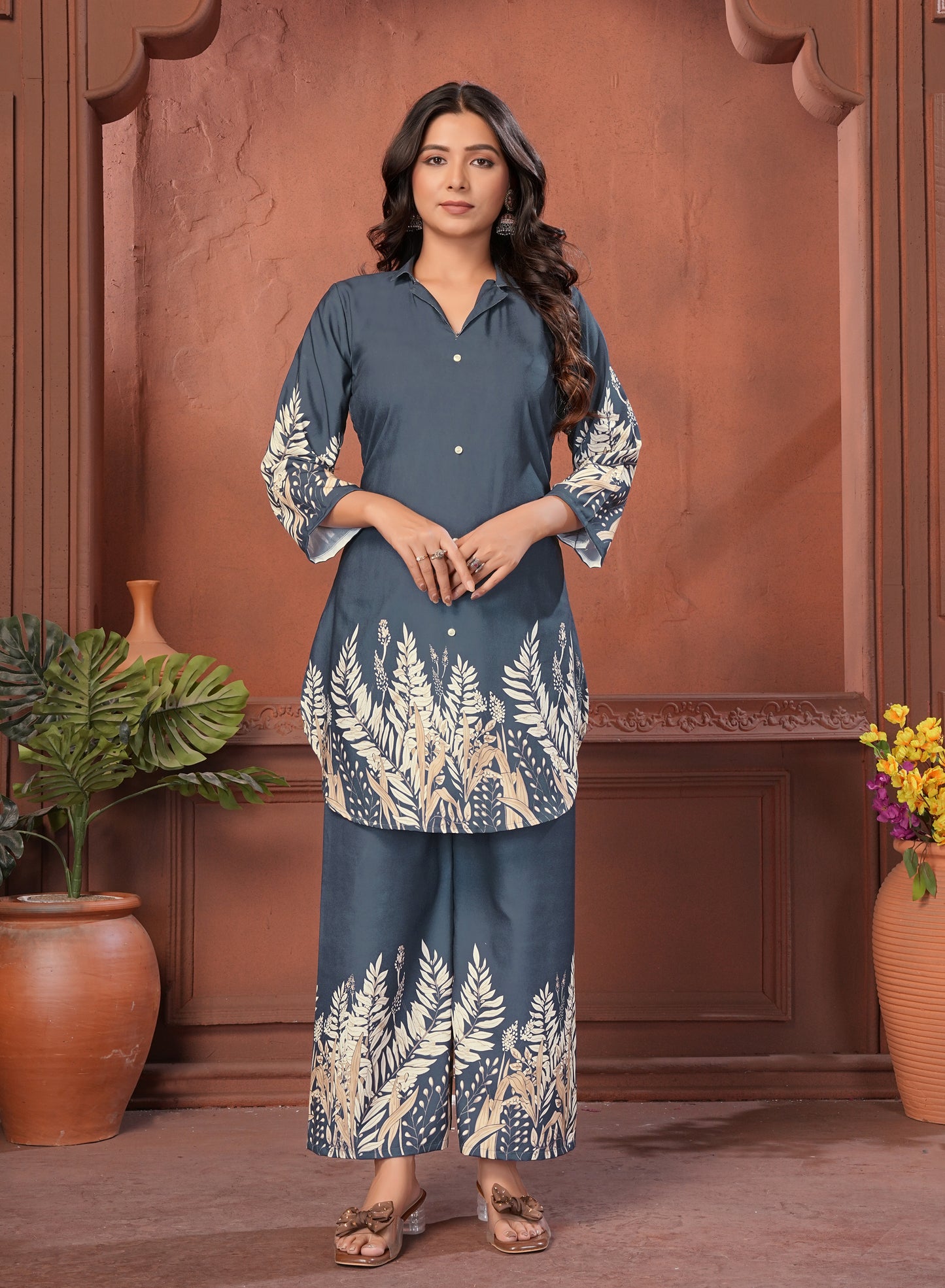 Slate Blue Botanical Printed Cotton Kurta Pant Set