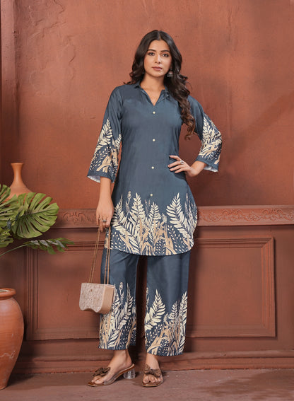 Slate Blue Botanical Printed Cotton Kurta Pant Set