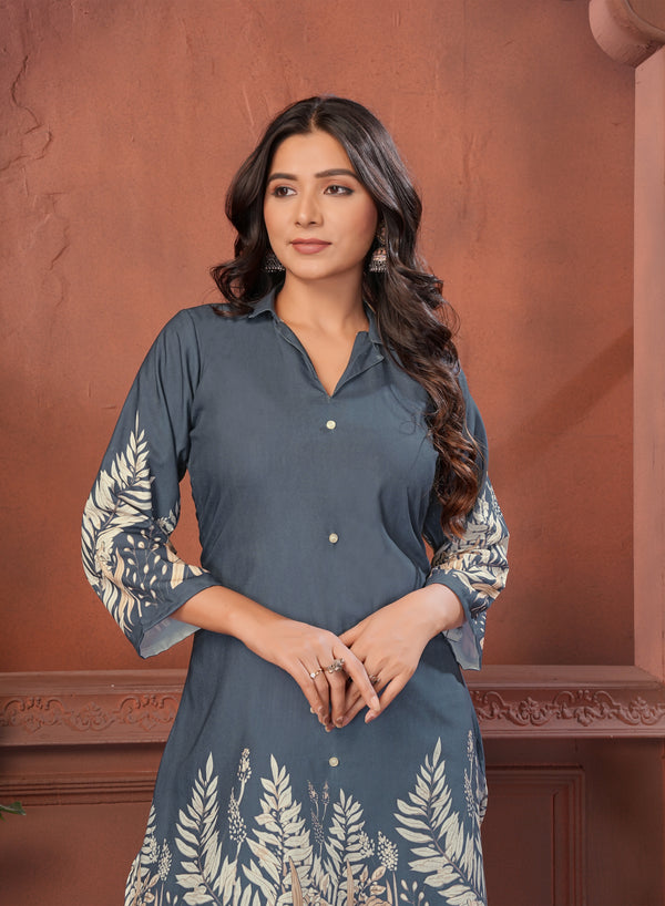 Slate Blue Botanical Printed Cotton Kurta Pant Set