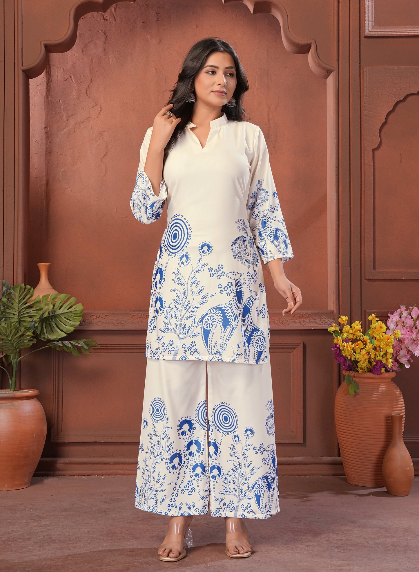 White Blue Printed Cotton Kurta Palazzo Set