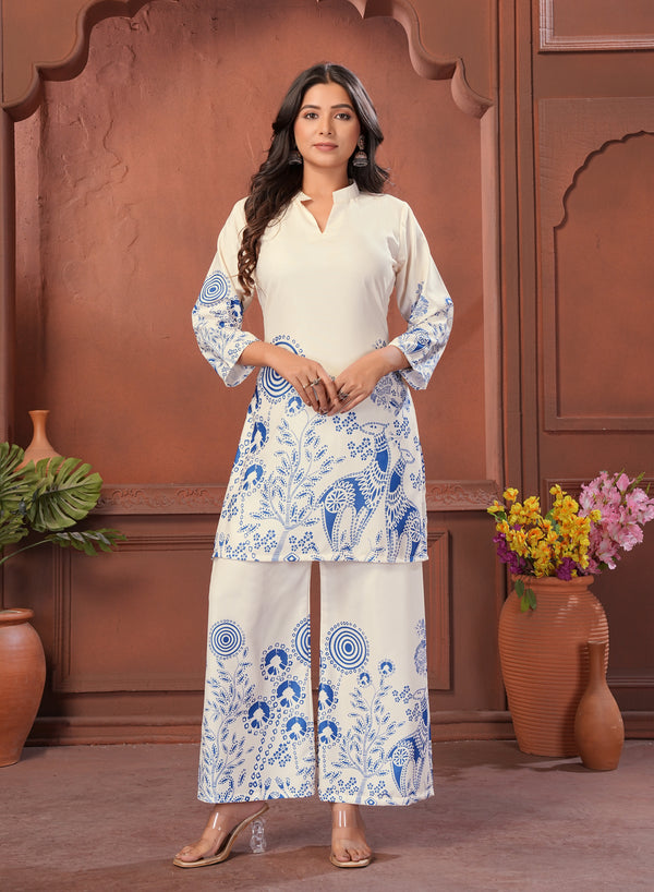 White Blue Printed Cotton Kurta Palazzo Set
