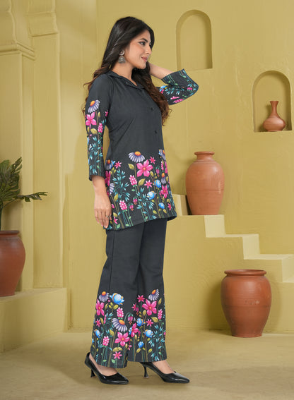 Black Floral Printed Co-Ord Set for Women