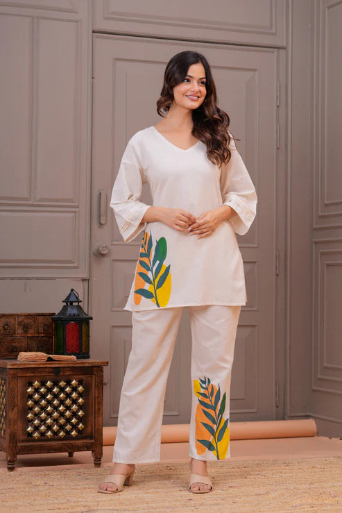 Off White Botanical Printed Cotton Kurta Pant Set