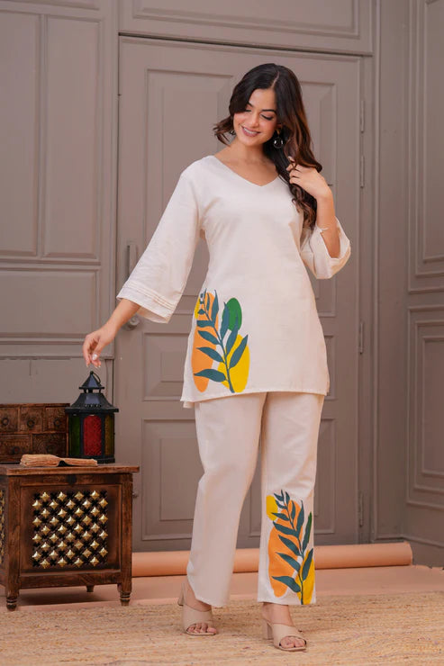 Off White Botanical Printed Cotton Kurta Pant Set