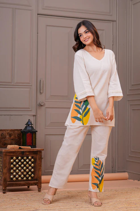 Off White Botanical Printed Cotton Kurta Pant Set