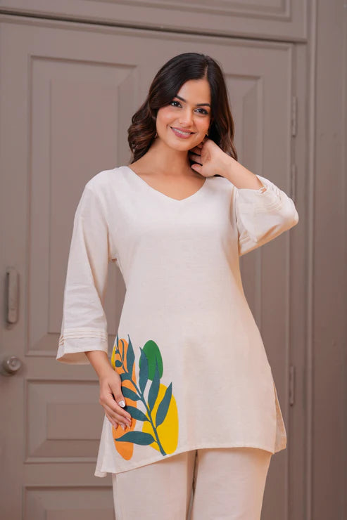Off White Botanical Printed Cotton Kurta Pant Set