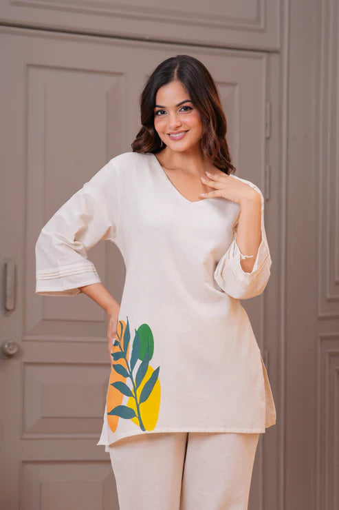 Off White Botanical Printed Cotton Kurta Pant Set