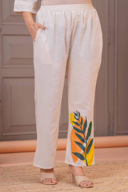 Off White Botanical Printed Cotton Kurta Pant Set