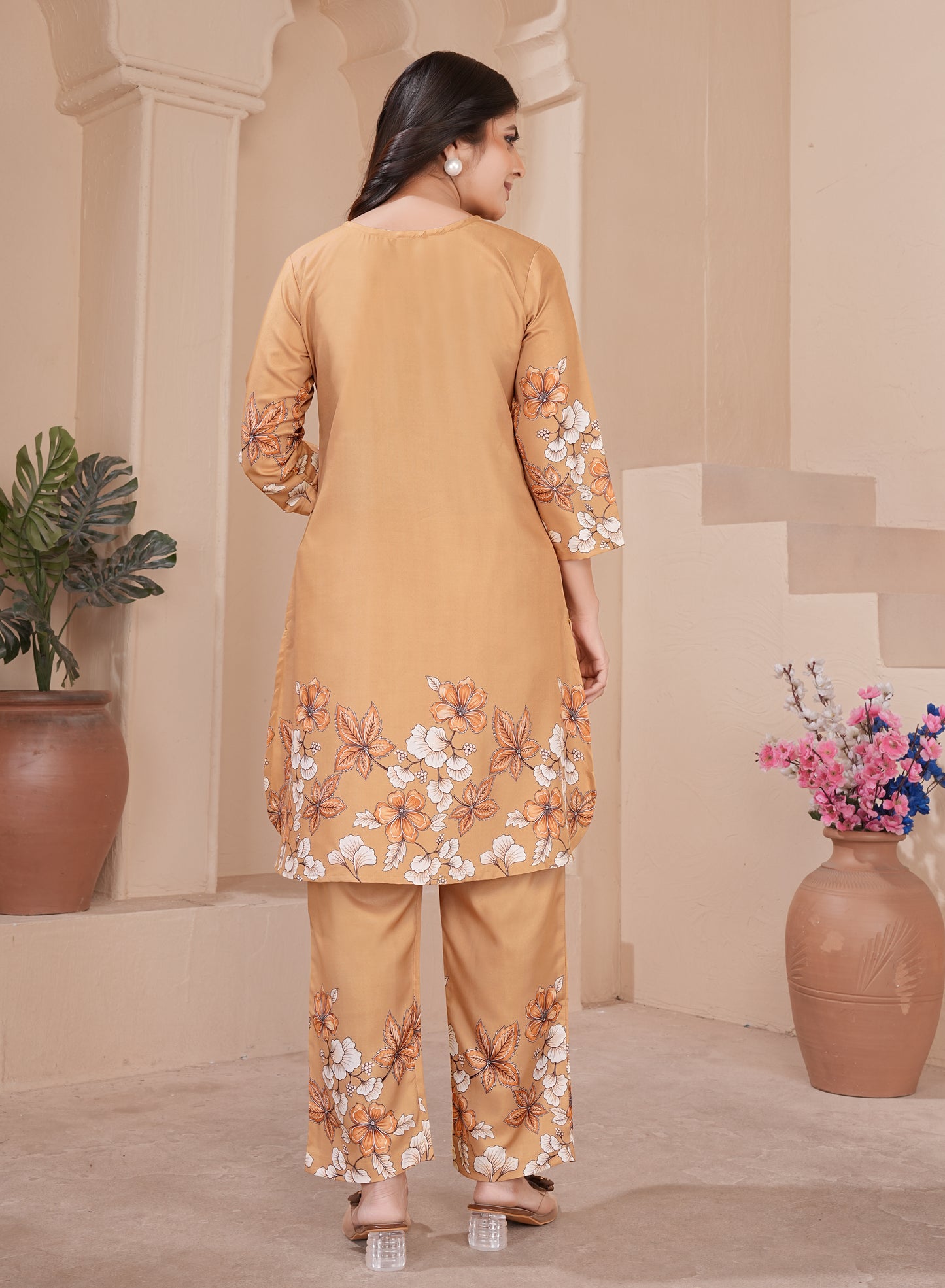 Mustard Floral Printed Cotton Kurta Pant Set
