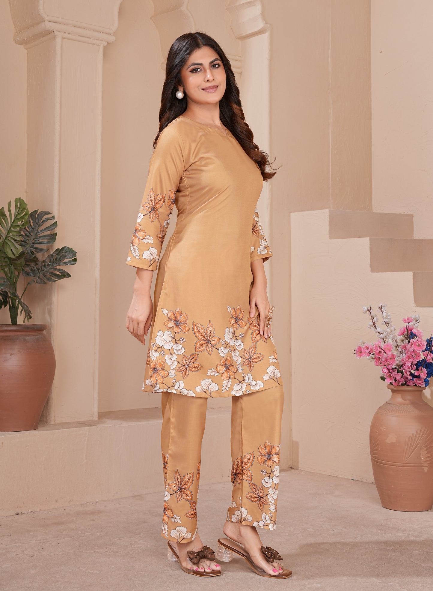 Mustard Floral Printed Cotton Kurta Pant Set