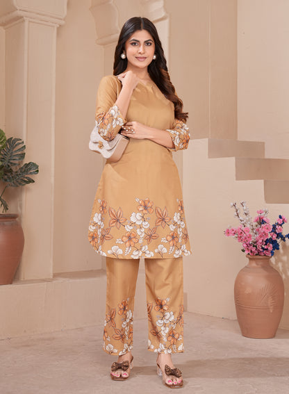 Mustard Floral Printed Cotton Kurta Pant Set