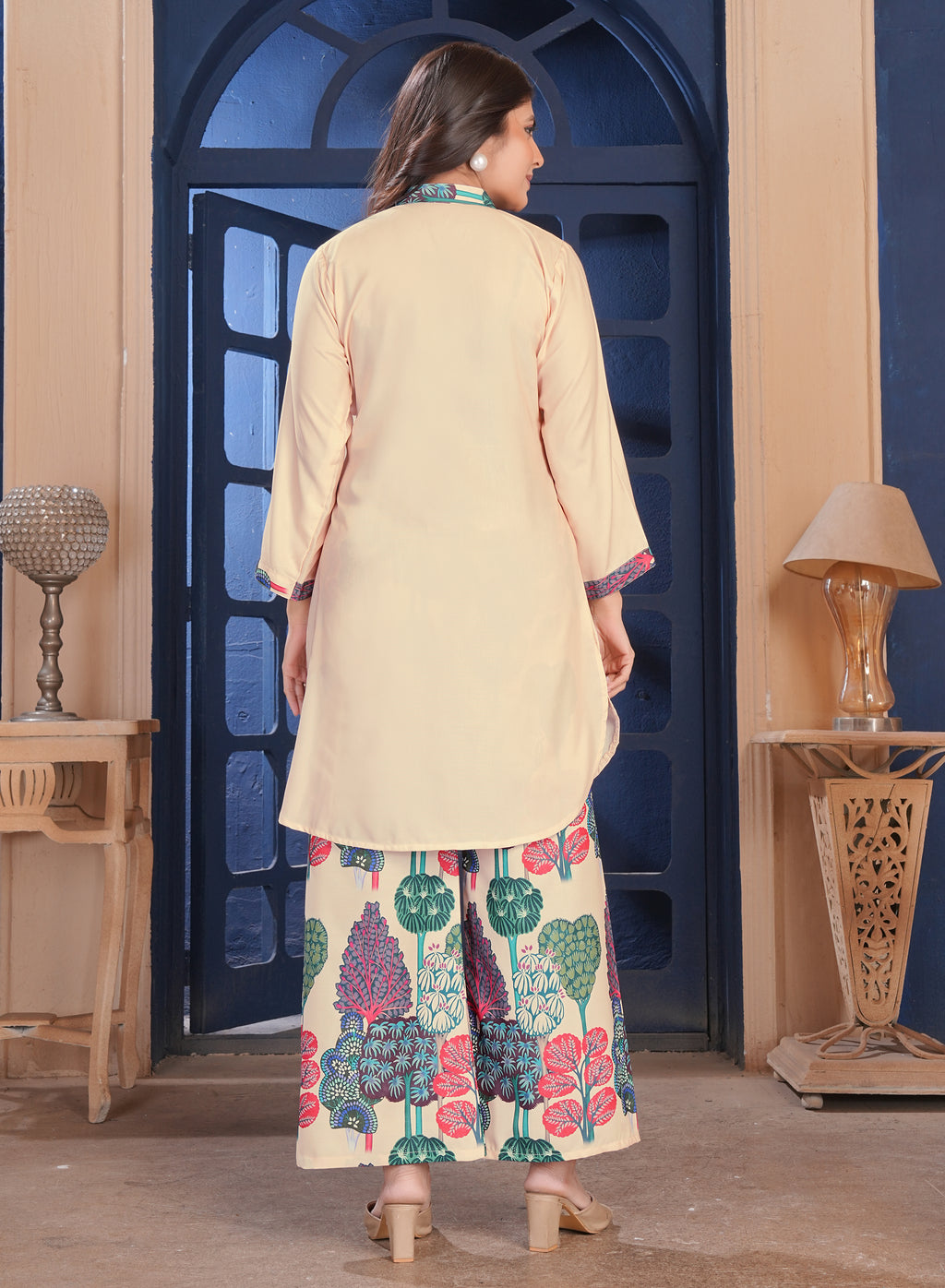 Peach Botanical Printed Cotton Kurta Palazzo Set